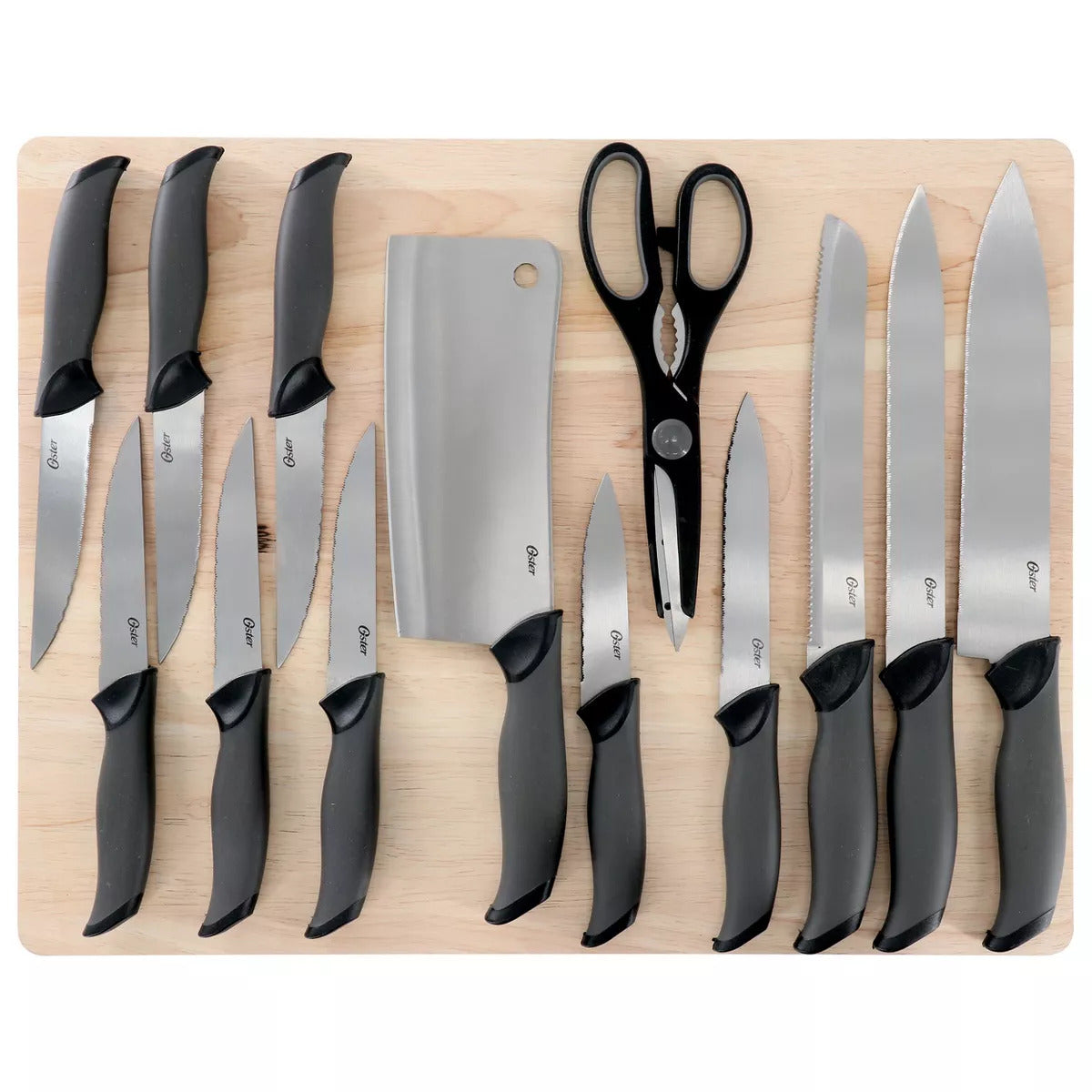 Oster Lindbergh 14 Piece Stainless Steel Cutlery Knife Set in Black with Cutting Board Oster Lindbergh 14 Piece Stainless Steel Cutlery Knife Set in Black with Cutting Board